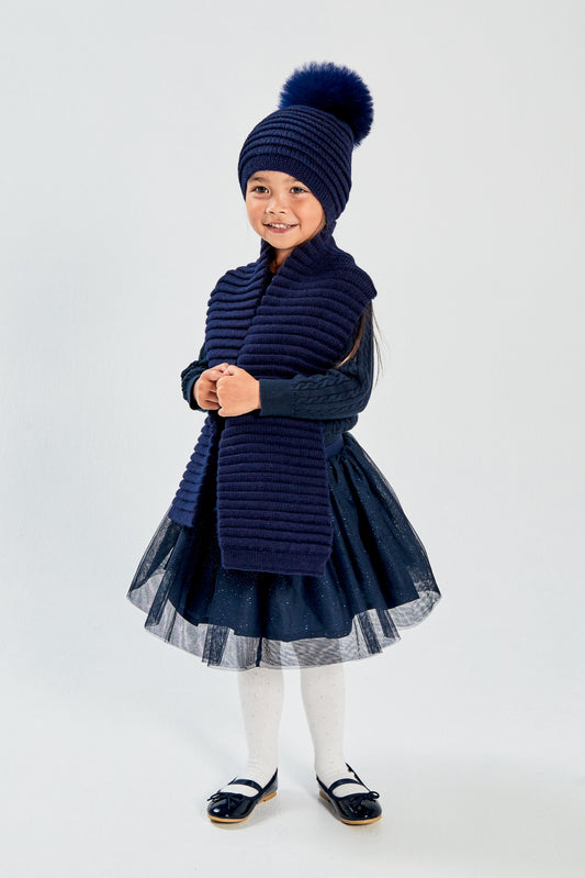 Kids Ribbed Hat with Oversized Fur Pompon, Navy