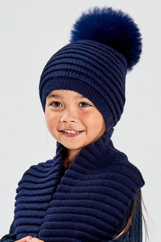 Kids Ribbed Hat with Oversized Fur Pompon, Navy