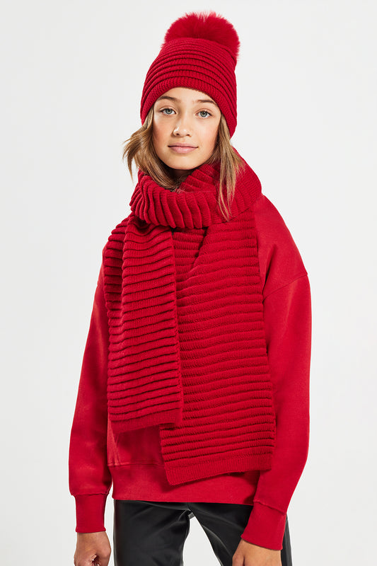 Sentaler Kids (6-14 Years) Ribbed Hat with Oversized Fur Pompon featured in Baby Alpaca and available in Red. Seen from front.