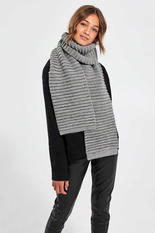 Sentaler Kids (6-14 Years) Ribbed Scarf featured in Baby Alpaca and available in Grey. Seen from front.