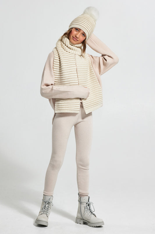 Sentaler Kids (6-14 Years) Ribbed Scarf featured in Baby Alpaca and available in Ivory. Seen from front.