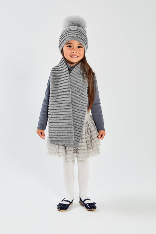 Kids Ribbed Hat with Oversized Fur Pompon, Grey