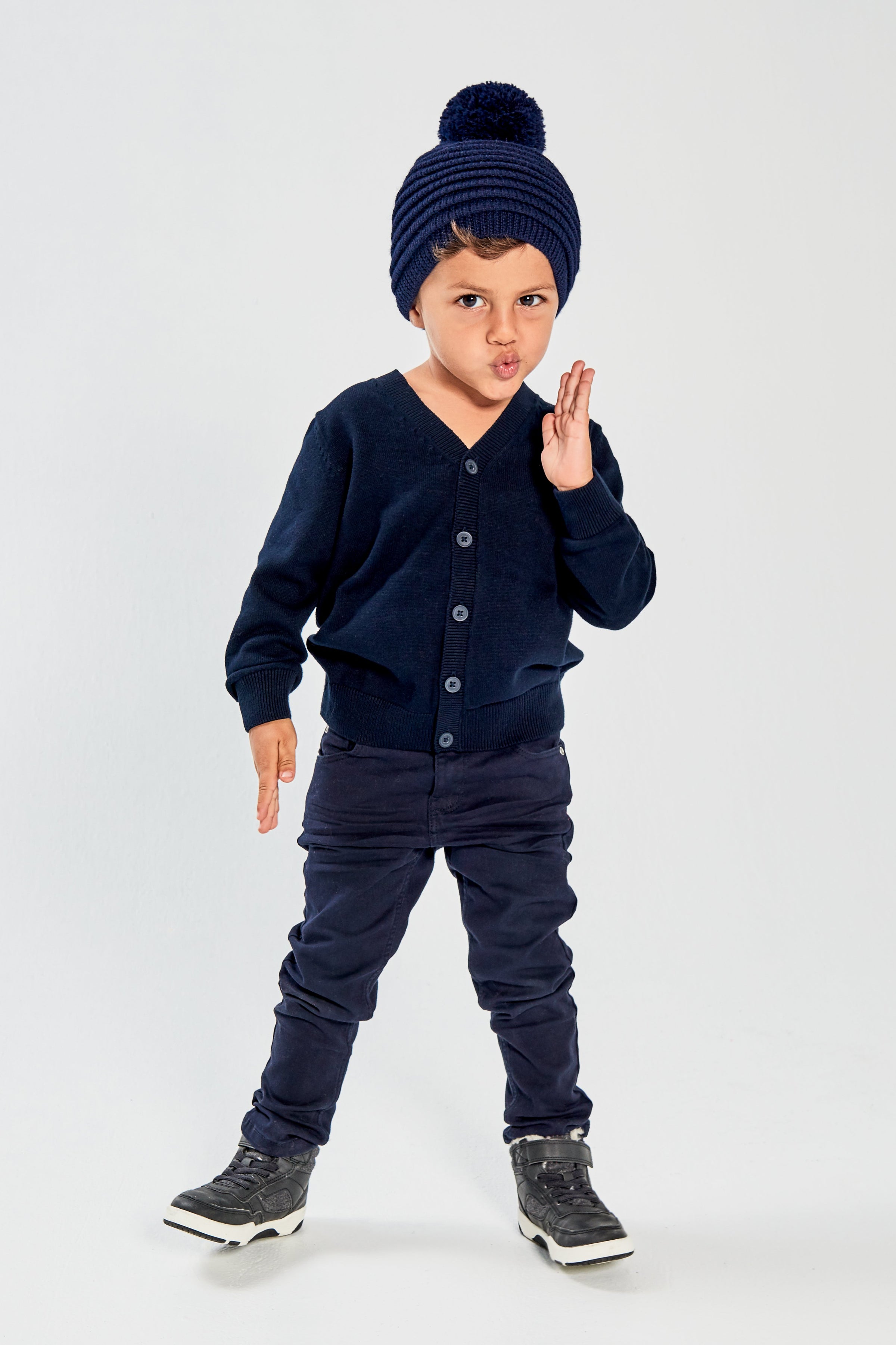 Kids Ribbed Navy Hat with Knit Pompon (4-5 Years)