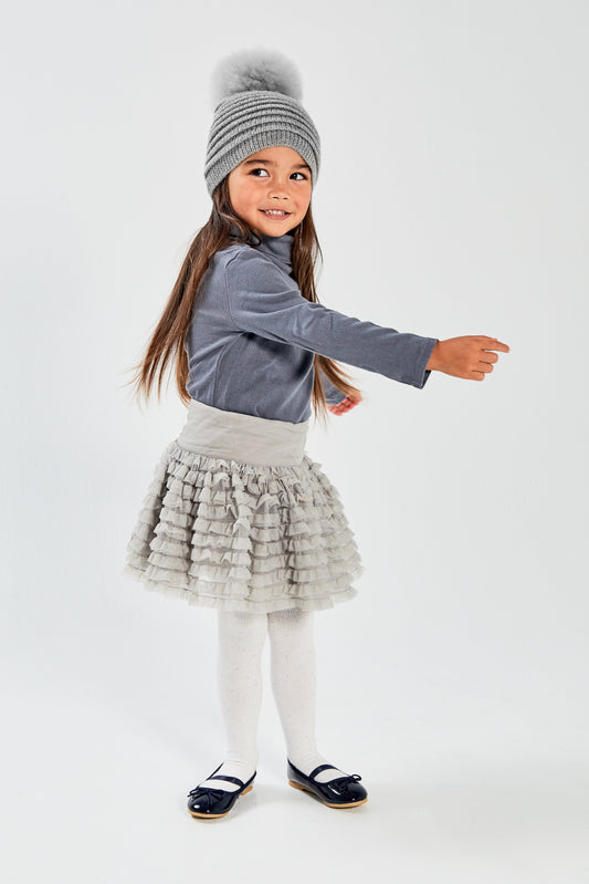 Kids Ribbed Hat with Oversized Fur Pompon, Grey