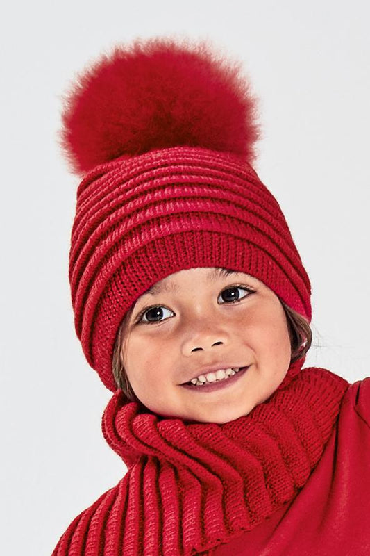 Kids Ribbed Hat with Oversized Fur Pompon, Red