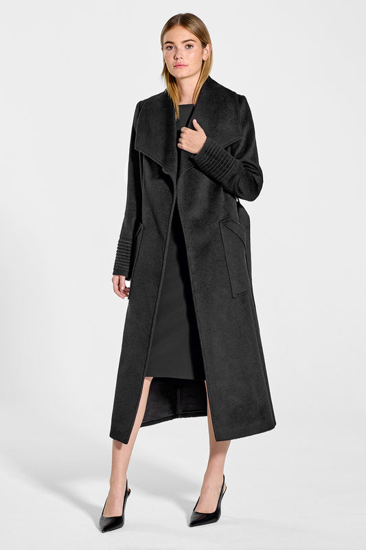 Sentaler Long Wide Collar Wrap Coat featured in Baby Alpaca and available in Black. Seen from front open on model.