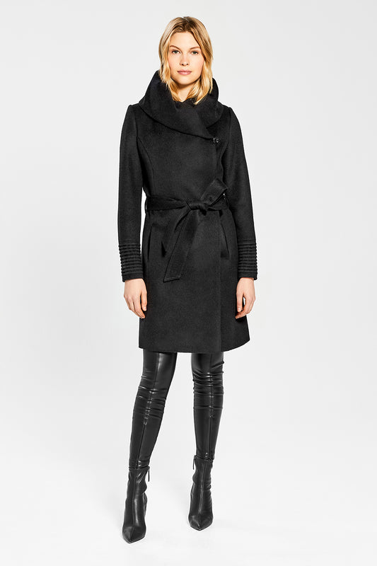 Sentaler Mid Length Hooded Wrap Coat featured in Baby Alpaca and available in Black. Seen from front on model.