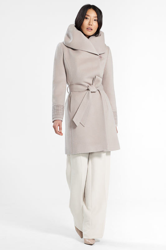 Sentaler Mid Length Hooded Wrap Coat featured in Baby Alpaca and available in Bleeker Beige. Seen from front.