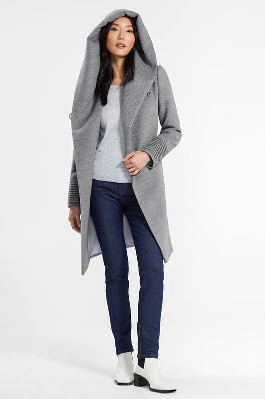 Sentaler Mid Length Hooded Wrap Coat featured in Baby Alpaca and available in Shale Grey. Seen from front open.