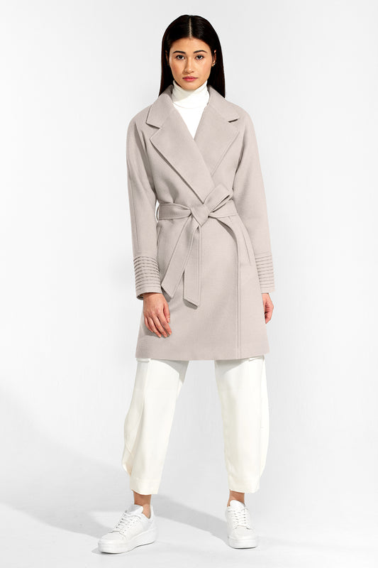 Sentaler Mid Length Notched Collar Raglan Sleeve Wrap Coat featured in Baby Alpaca and available in Bleeker Beige. Seen from front.