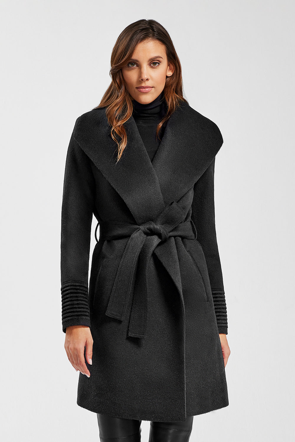 Mid Length Shawl Collar Wrap Black Coat | SENTALER