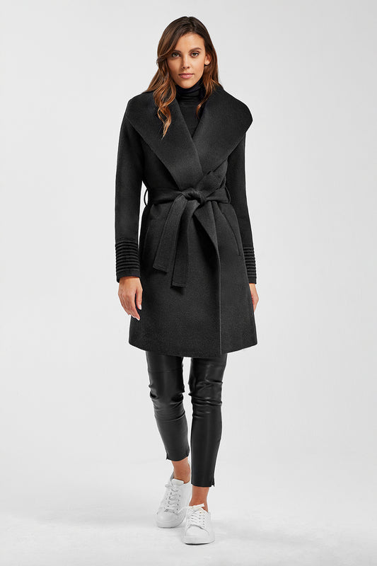 Sentaler Mid Length Shawl Collar Wrap Coat featured in Baby Alpaca and available in Black. Seen from front on model.