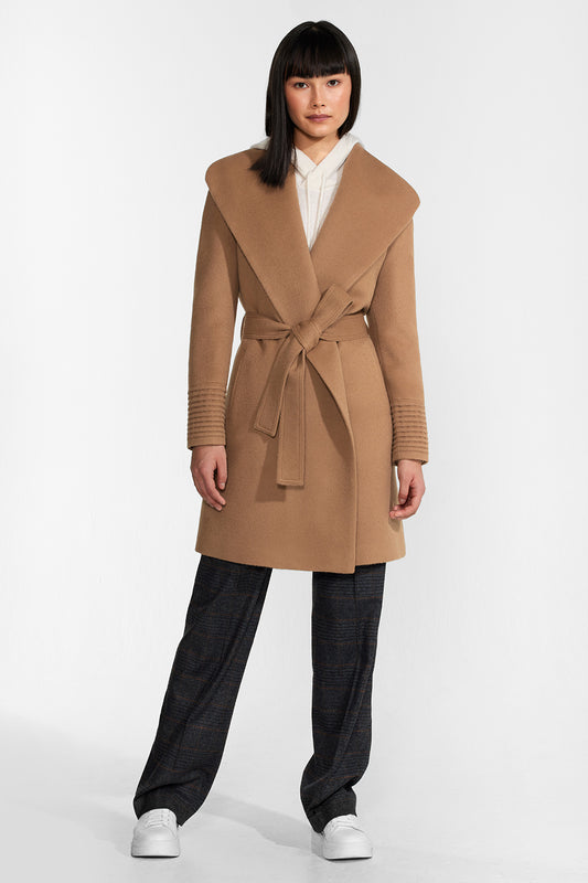 Sentaler Mid Length Shawl Collar Wrap Coat featured in Baby Alpaca and available in Dark Camel. Seen from front.