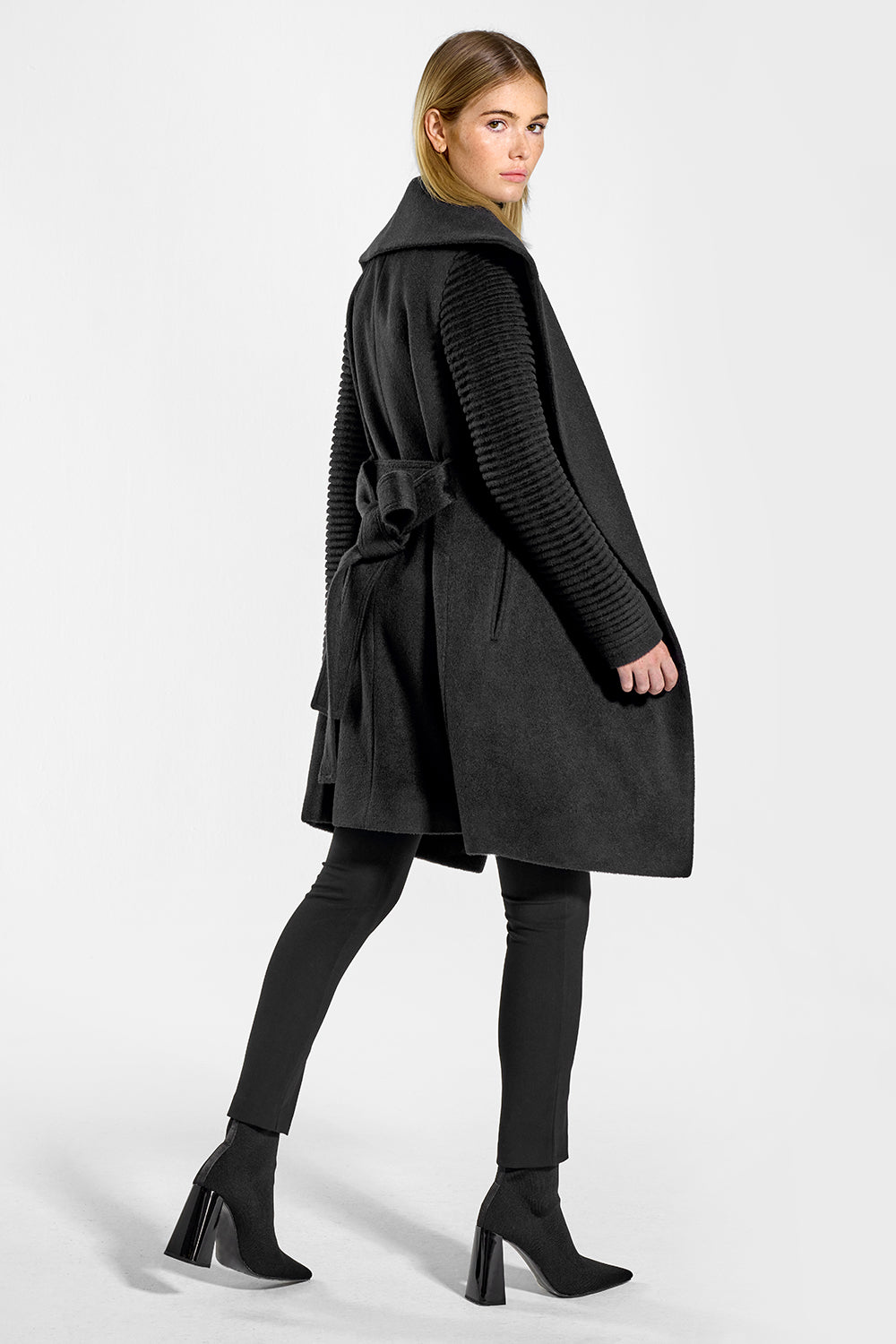 Mid Length Shawl Collar Wrap Black Coat