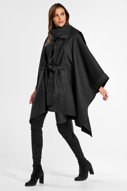 Sentaler Poncho with Shawl Collar and Belt featured in Superfine Alpaca and available in Black. Seen from side on model.