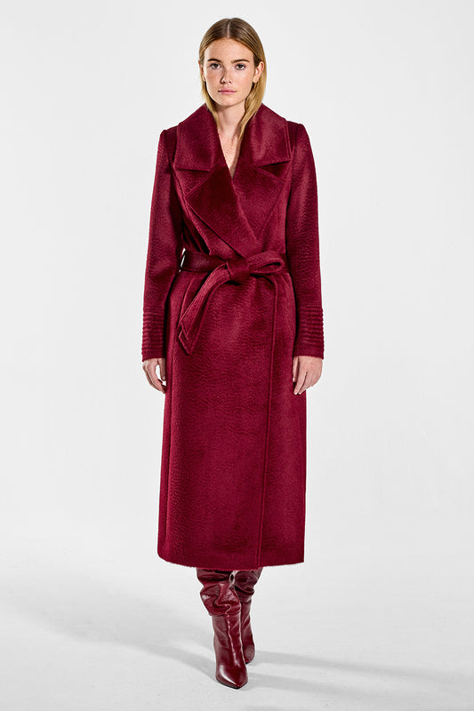 Sentaler Suri Alpaca Long Notched Collar Wrap Coat featured in Suri Alpaca and available in Bordeaux. Seen from front on model.