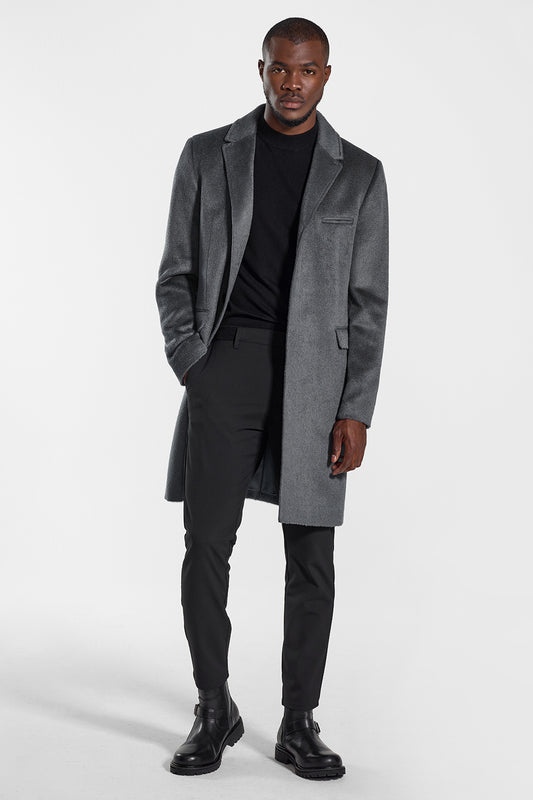 Sentaler Technical Suri Alpaca Notched Lapel Overcoat featured in Technical Suri Alpaca and available in Bold Graphite. Seen from front open.