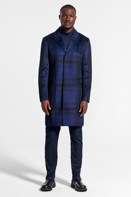 Sentaler Technical Suri Alpaca Notched Lapel Overcoat featured in Technical Suri Alpaca and available in Navy Plaid. Seen from front on model.