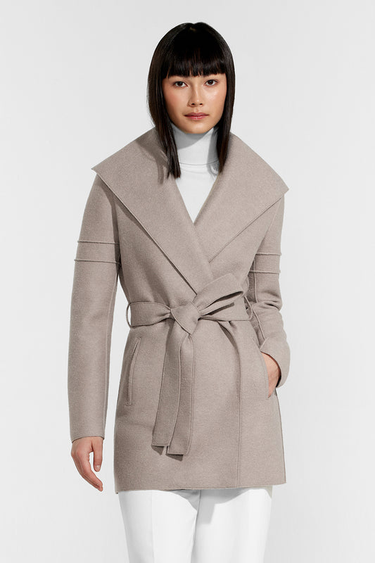 Sentaler Wrap Coat with Double Ribbed Detail featured in Superfine Alpaca and available in Simply Taupe. Seen from front above the knee.