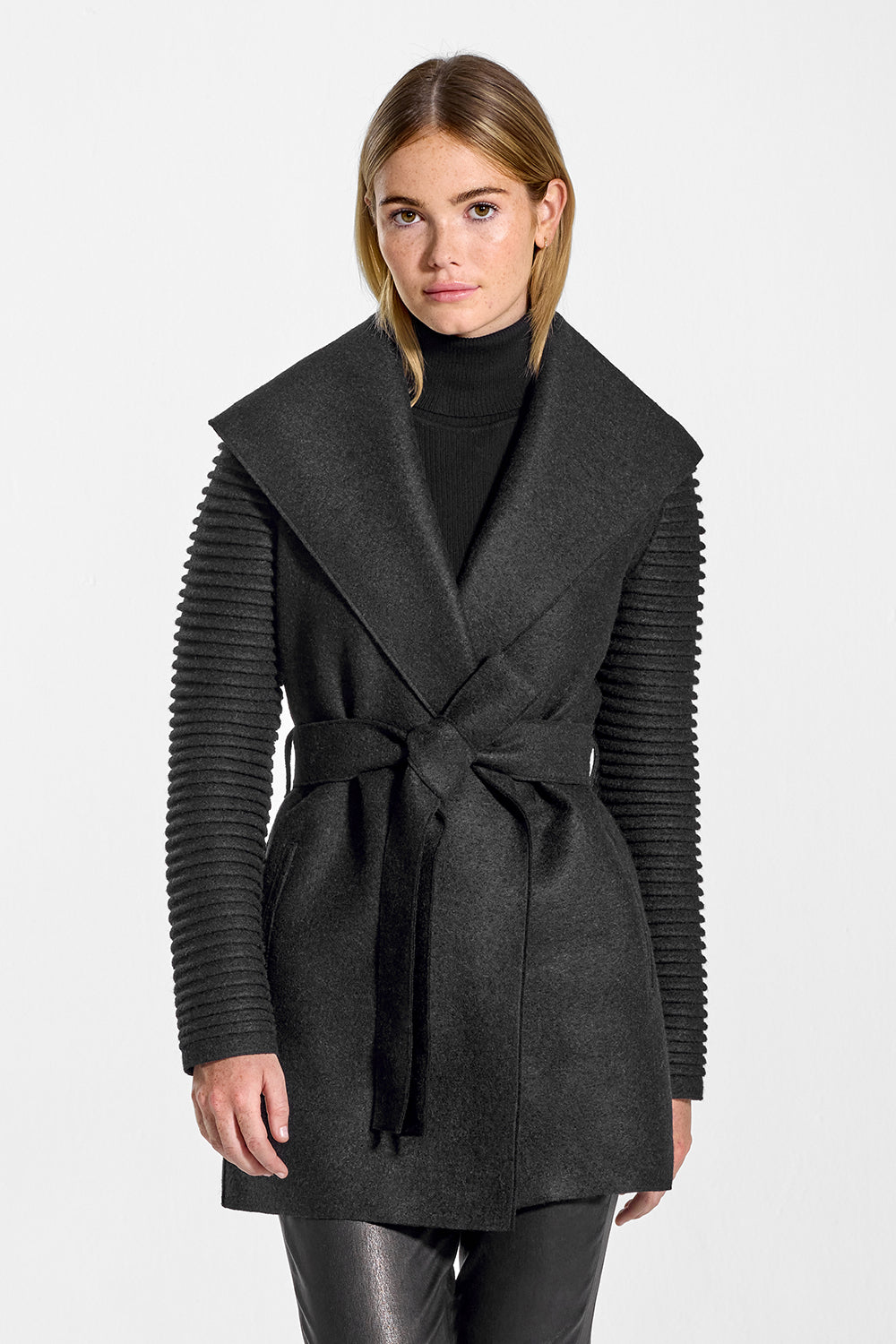 Wrap Black Coat with Ribbed Sleeves