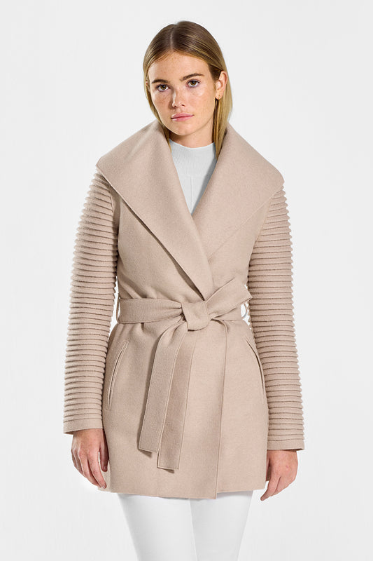 Sentaler Wrap Coat with Ribbed Sleeves featured in Superfine Alpaca and available in Chamois. Seen from front above the knees on model.