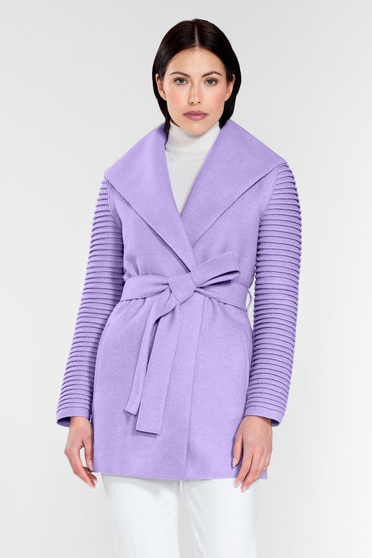 Sentaler Wrap Coat with Ribbed Sleeves featured in Superfine Alpaca and available in Digital Lavender. Seen from front above the knees on model.