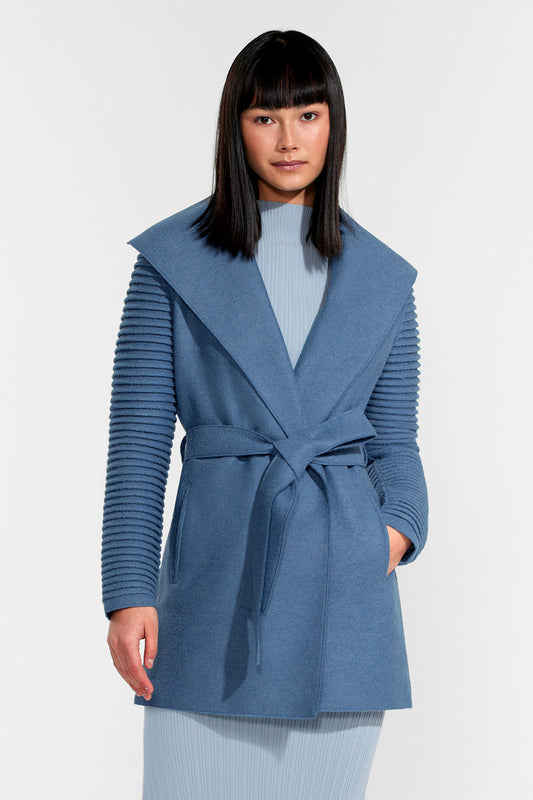 Sentaler Wrap Coat with Ribbed Sleeves featured in Superfine Alpaca and available in Dusty Blue. Seen from front above the knee.
