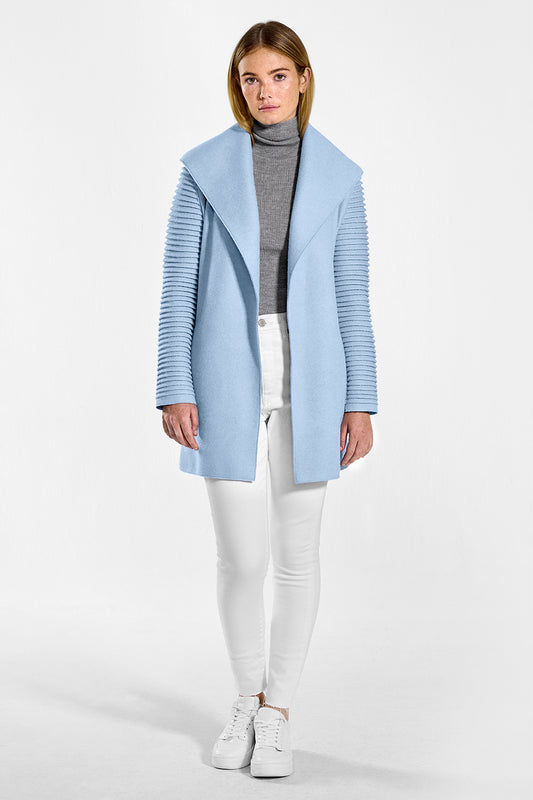 Sentaler Wrap Coat with Ribbed Sleeves featured in Superfine Alpaca and available in Glacial Blue. Seen from front open on model.