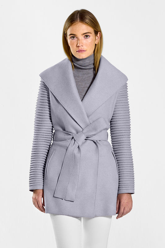 Sentaler Wrap Coat with Ribbed Sleeves featured in Superfine Alpaca and available in Gull Grey. Seen from front above the knee on model.