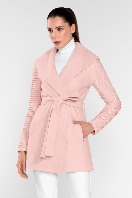 Sentaler Wrap Coat with Ribbed Sleeves featured in Superfine Alpaca and available in Pink Clay. Seen from front above the knees on model.