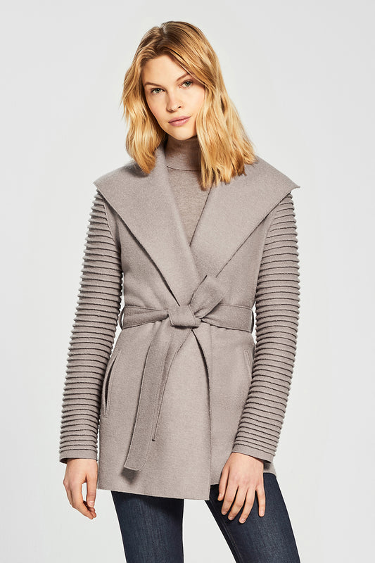 Sentaler Wrap Coat with Ribbed Sleeves featured in Superfine Alpaca and available in Simply Taupe. Seen from front above the knees.
