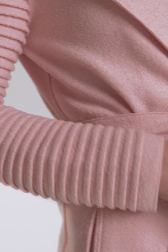 Sentaler Wrap Coat with Ribbed Sleeves featured in Superfine Alpaca and available in Pink Clay. Seen as product video.